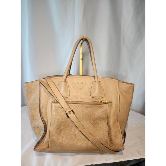 Prada Biege Vitello Daino Tessuto Leather Hand Bag with Crossbody Strap - Picture 1 of 16